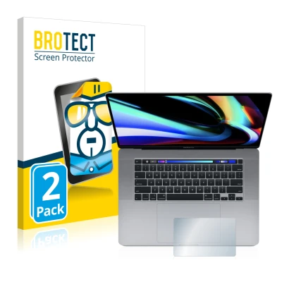 Front side of a product packaging with the brand logo BROTECT. Next to it is the device Apple MacBook Pro 16" 2019 (Touch Trac