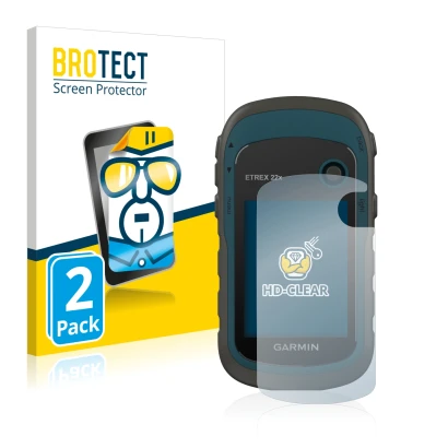 Front side of a product packaging with the brand logo BROTECT. Next to it is the device Garmin eTrex 22x shown with the corres