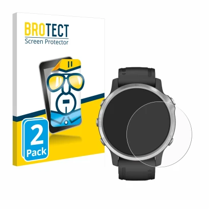 Front side of a product packaging with the brand logo BROTECT. Next to it is the device Garmin Fenix 6S shown with the corresp
