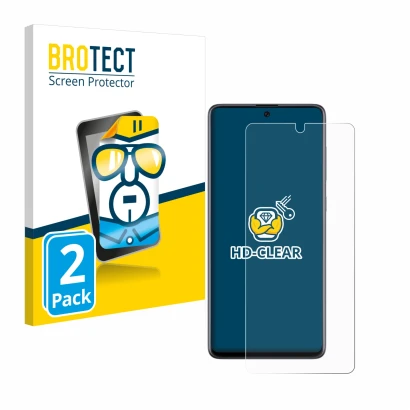 Front side of a product packaging with the brand logo BROTECT. Next to it is the device Samsung Galaxy A71 shown with the corr