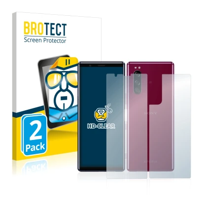 Front side of a product packaging with the brand logo BROTECT. Next to it is the device Sony Xperia 5 (Front+Back) shown with 