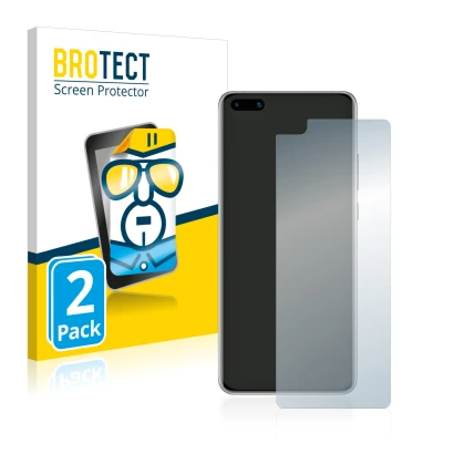 Front side of a product packaging with the brand logo BROTECT. Next to it is the device Huawei P40 shown with the correspondin