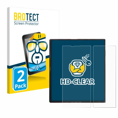 Front side of a product packaging with the brand logo BROTECT. Next to it is the device Huawei Mate Xs shown with the correspo