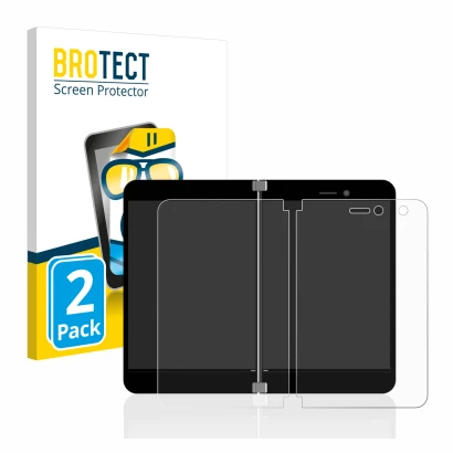 Front side of a product packaging with the brand logo BROTECT. Next to it is the device Microsoft Surface Duo shown with the c