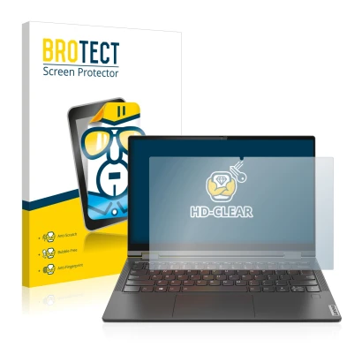 Front side of a product packaging with the brand logo BROTECT. Next to it is the device Lenovo Yoga C640 shown with the corres