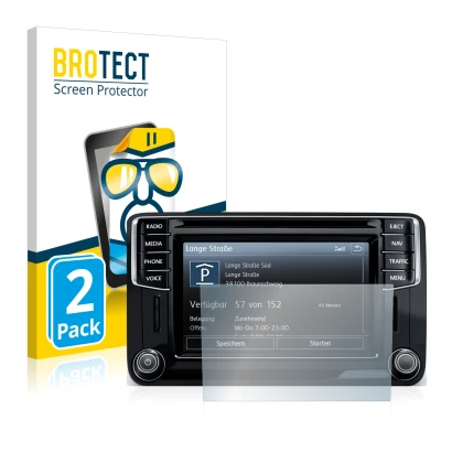 Front side of a product packaging with the brand logo BROTECT. Next to it is the device Volkswagen Amarok Discover Media 6.5" 