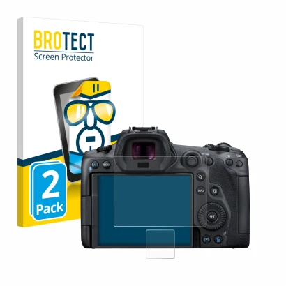 Front side of a product packaging with the brand logo BROTECT. Next to it is the device Canon EOS R5 shown with the correspond