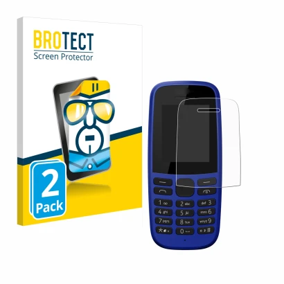 Front side of a product packaging with the brand logo BROTECT. Next to it is the device Nokia 105 DS 2019 shown with the corre