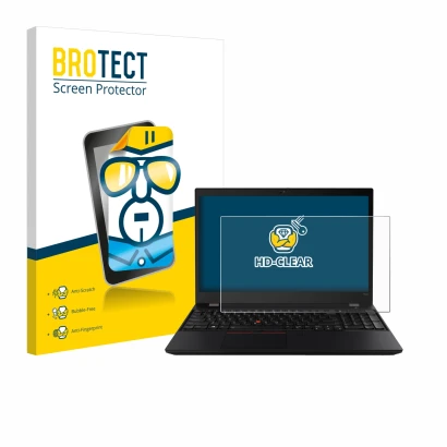 Front side of a product packaging with the brand logo BROTECT. Next to it is the device Lenovo ThinkPad T590 Non-Touch shown w