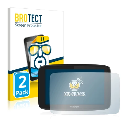 Front side of a product packaging with the brand logo BROTECT. Next to it is the device TomTom Go Professional 6200 shown with