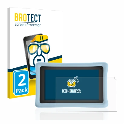 Front side of a product packaging with the brand logo BROTECT. Next to it is the device Pebble Gear 7" Kids Tablet shown with
