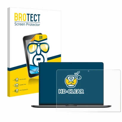 Front side of a product packaging with the brand logo BROTECT. Next to it is the device Apple MacBook Pro 13
