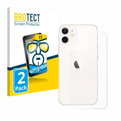 Front side of a product packaging with the brand logo BROTECT. Next to it is the device Apple iPhone 12 mini (Back) shown with