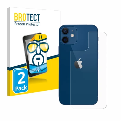 Front side of a product packaging with the brand logo BROTECT. Next to it is the device Apple iPhone 12 (Back) shown with the 