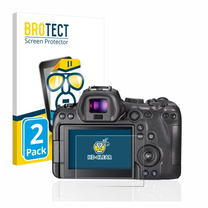 Front side of a product packaging with the brand logo BROTECT. Next to it is the device Canon EOS R6 shown with the correspond