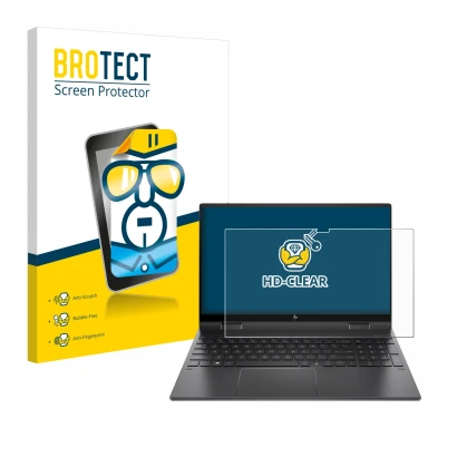 Front side of a product packaging with the brand logo BROTECT. Next to it is the device HP Envy x360 (15-eX) (358 mm x 230 mm)