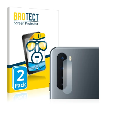 Front side of a product packaging with the brand logo BROTECT. Next to it is the device OnePlus Nord (ONLY Camera Lens) shown 