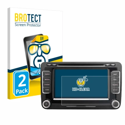 Front side of a product packaging with the brand logo BROTECT. Next to it is the device Volkswagen Eos 2011 RNS 510 6.5" shown