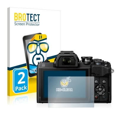 Front side of a product packaging with the brand logo BROTECT. Next to it is the device Olympus OM-D E-M10 Mark IV shown with 