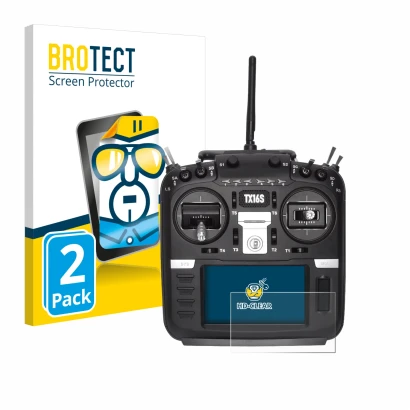 Front side of a product packaging with the brand logo BROTECT. Next to it is the device Radiomaster TX16S shown with the corre