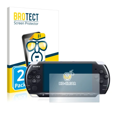 Front side of a product packaging with the brand logo BROTECT. Next to it is the device Sony PSP 3003 shown with the correspon