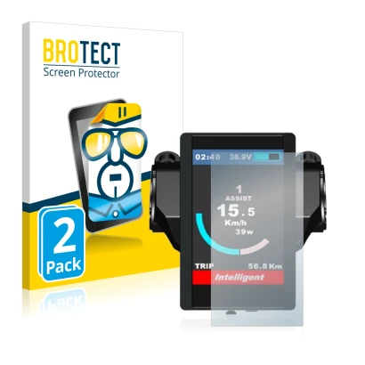 Front side of a product packaging with the brand logo BROTECT. Next to it is the device Bafang 850c shown with the correspondi