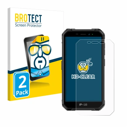 Front side of a product packaging with the brand logo BROTECT. Next to it is the device Ulefone Armor X6 shown with the corres
