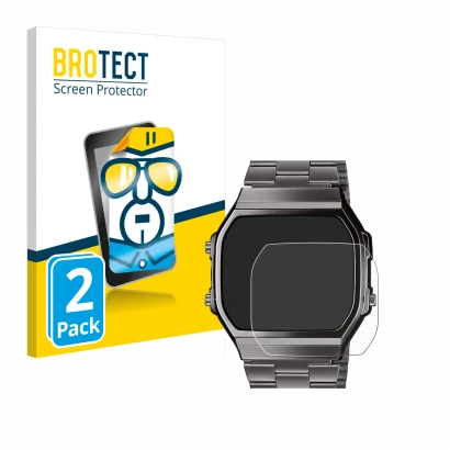 Front side of a product packaging with the brand logo BROTECT. Next to it is the device Casio A168WEGG-1BEF shown with the cor