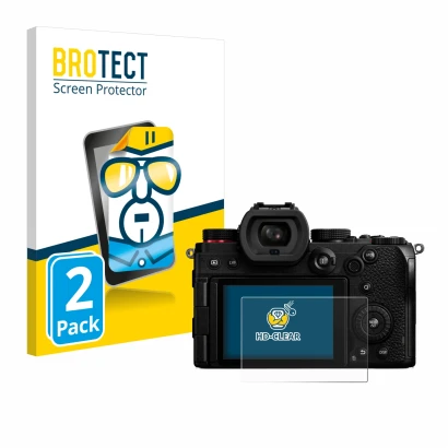 Front side of a product packaging with the brand logo BROTECT. Next to it is the device Panasonic Lumix DC-S5 shown with the c