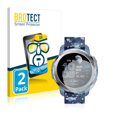 Front side of a product packaging with the brand logo BROTECT. Next to it is the device Honor Watch GS Pro shown with the corr
