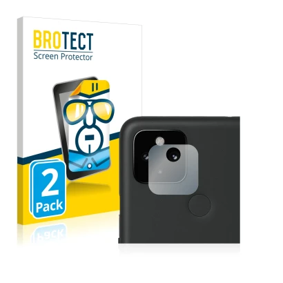 Front side of a product packaging with the brand logo BROTECT. Next to it is the device Google Pixel 4a 5G (ONLY Camera Lens)