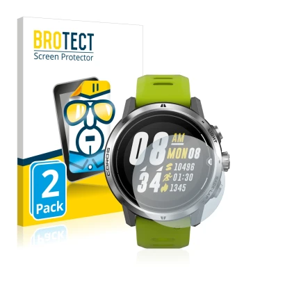 Front side of a product packaging with the brand logo BROTECT. Next to it is the device Coros Apex Pro shown with the correspo