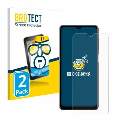 Front side of a product packaging with the brand logo BROTECT. Next to it is the device Samsung Galaxy M12 shown with the corr
