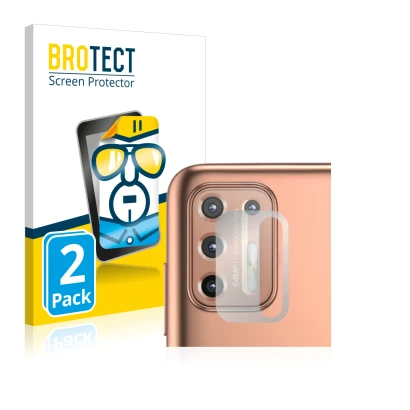 Front side of a product packaging with the brand logo BROTECT. Next to it is the device Motorola Moto G9 Plus (ONLY Camera Len