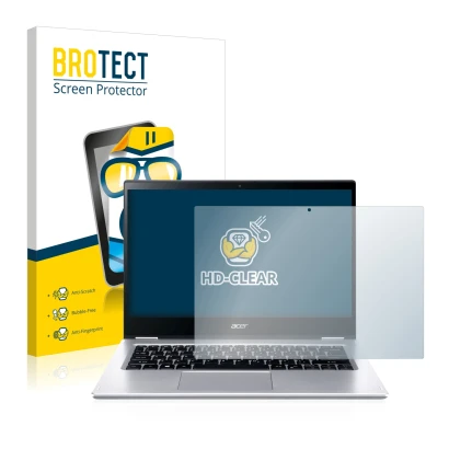 Front side of a product packaging with the brand logo BROTECT. Next to it is the device Acer Spin 3 SP314-54N shown with the c