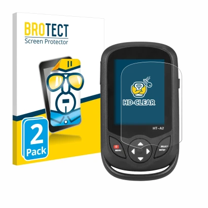 Front side of a product packaging with the brand logo BROTECT. Next to it is the device Hti HT A2 shown with the corresponding