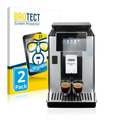 Front side of a product packaging with the brand logo BROTECT. Next to it is the device DeLonghi PrimaDonna Soul ECAM610.55.SB