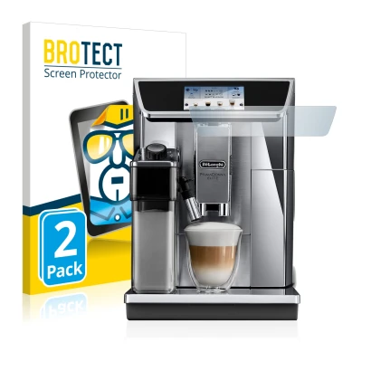 Front side of a product packaging with the brand logo BROTECT. Next to it is the device DeLonghi PrimaDonna Elite Experience E