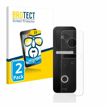 Front side of a product packaging with the brand logo BROTECT. Next to it is the device Logitech Circle View Doorbell shown wi