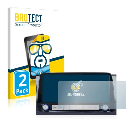 Front side of a product packaging with the brand logo BROTECT. Next to it is the device Hyundai Kona 2020 Infotainment System