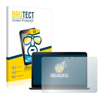 Front side of a product packaging with the brand logo BROTECT. Next to it is the device Google Pixelbook Go 13.3" shown with t