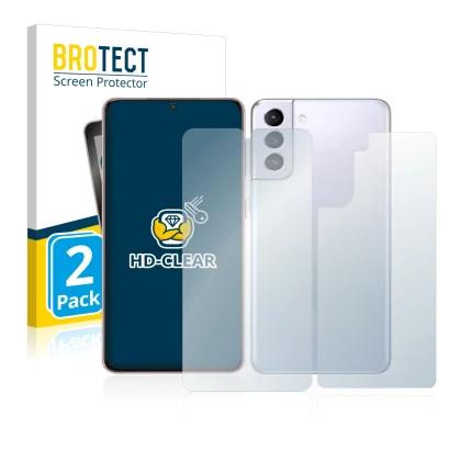 Front side of a product packaging with the brand logo BROTECT. Next to it is the device Samsung Galaxy S21 5G (Front+Back) sho