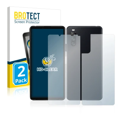 Front side of a product packaging with the brand logo BROTECT. Next to it is the device Sony Xperia 10 III (Front+Back) shown 
