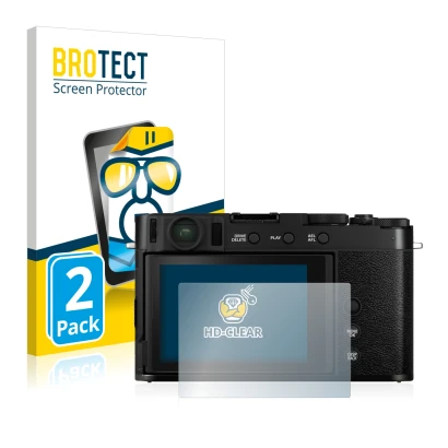 Front side of a product packaging with the brand logo BROTECT. Next to it is the device Fujifilm X-E4 shown with the correspon