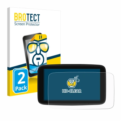 Front side of a product packaging with the brand logo BROTECT. Next to it is the device TomTom GO Discover 7" shown with the c
