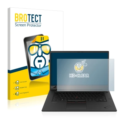 Front side of a product packaging with the brand logo BROTECT. Next to it is the device Lenovo ThinkPad P1 Gen 3 shown with th