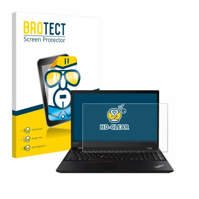 Front side of a product packaging with the brand logo BROTECT. Next to it is the device Lenovo ThinkPad P14s shown with the co