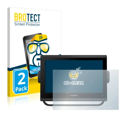 Front side of a product packaging with the brand logo BROTECT. Next to it is the device Garmin GPSMAP 923 shown with the corre
