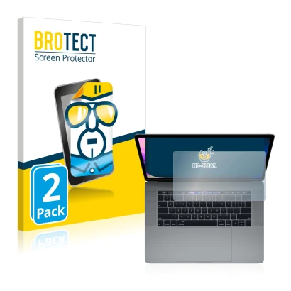 Front side of a product packaging with the brand logo BROTECT. Next to it is the device Apple MacBook Pro 15" 2019 (Touch Trac