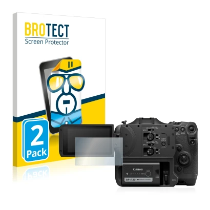 Front side of a product packaging with the brand logo BROTECT. Next to it is the device Canon EOS C70 shown with the correspon